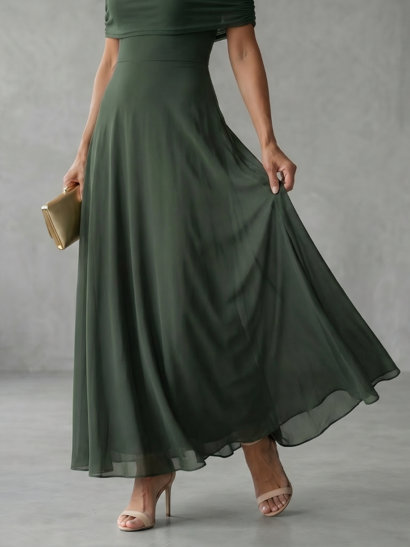 Sophisticated women's off shoulder midi dress with elegant draping, suitable for evening galas.
