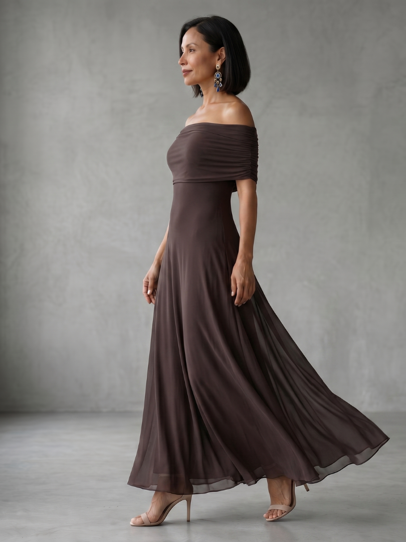 Stylish women's off shoulder midi cocktail dress with elegant draping, ideal for parties.