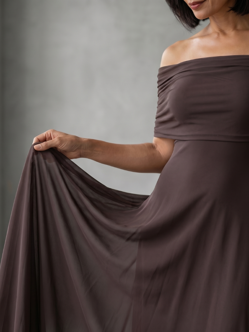 Red off shoulder draped midi dress for women. An elegant choice for special occasion evening wear.