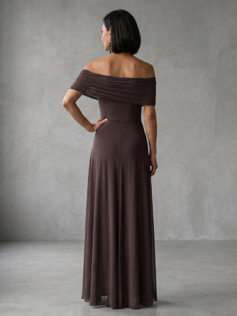 Brown women's off shoulder midi dress with elegant draping. Perfect for formal events.