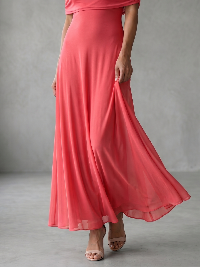 Draped off shoulder midi dress for women. Elegant design perfect for parties & formal events.