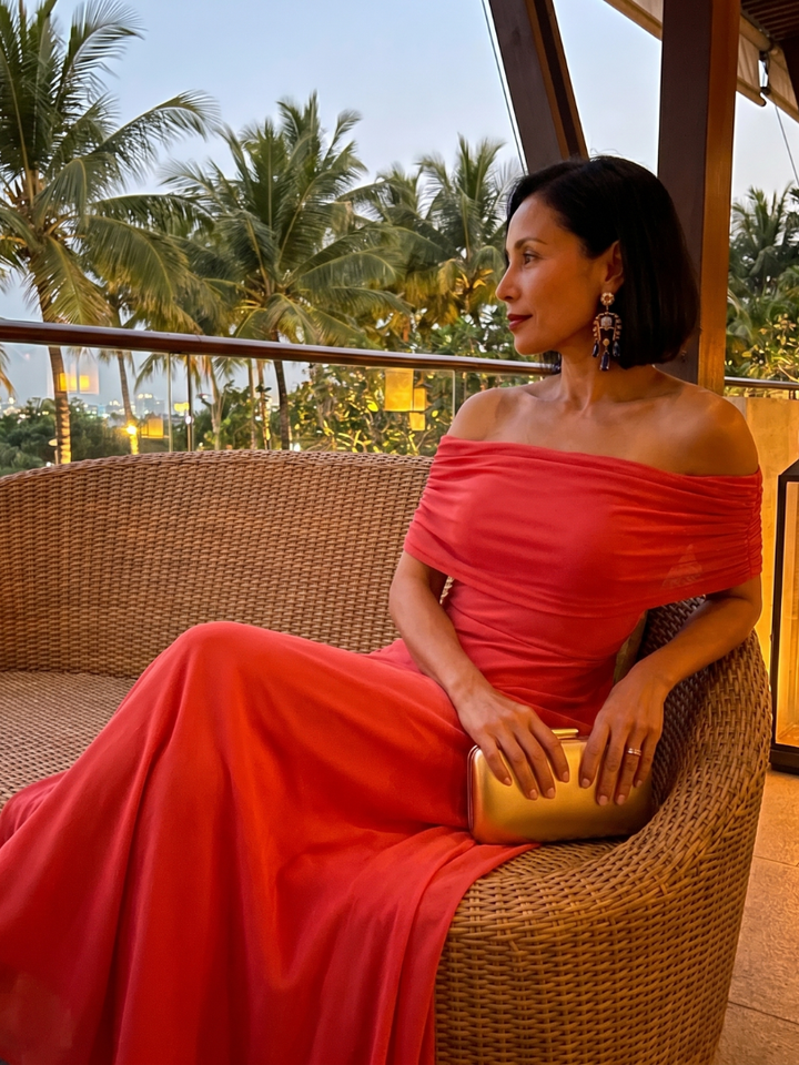 Women's elegant off shoulder midi dress, draped for a sleek look. Ideal for cocktail & evening events.