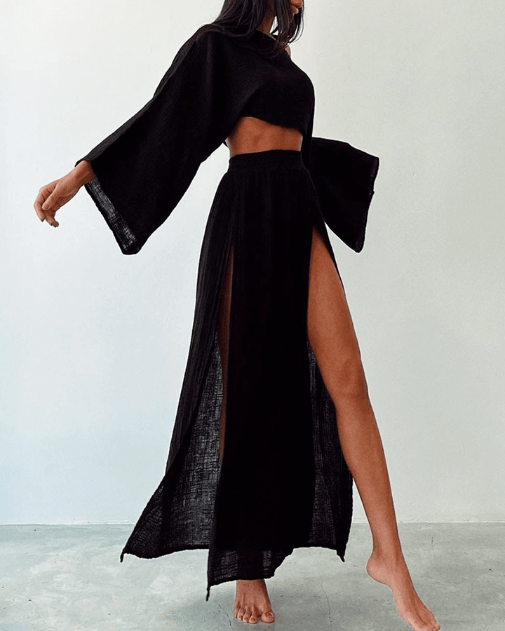 Effortless elegant women's off-shoulder top & maxi skirt set. Ideal for evening wear, parties, or vacation.