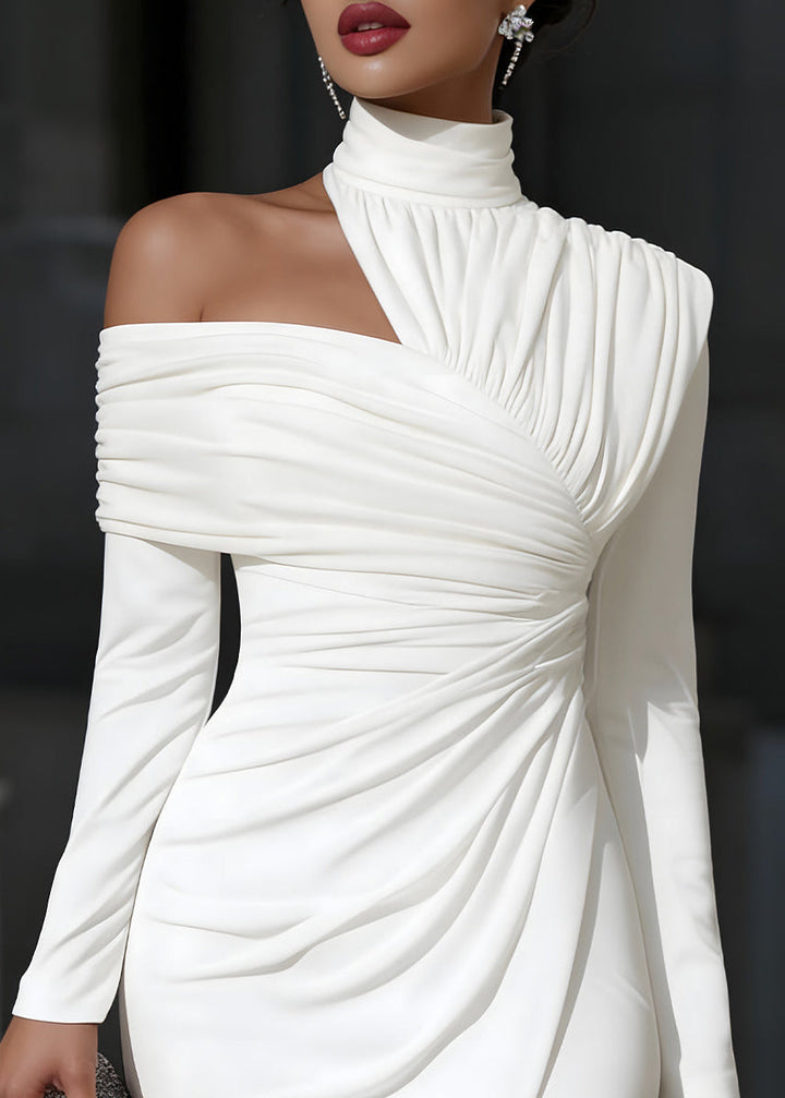 Feminine bodycon midi dress with an asymmetric one shoulder design for an elegant look.