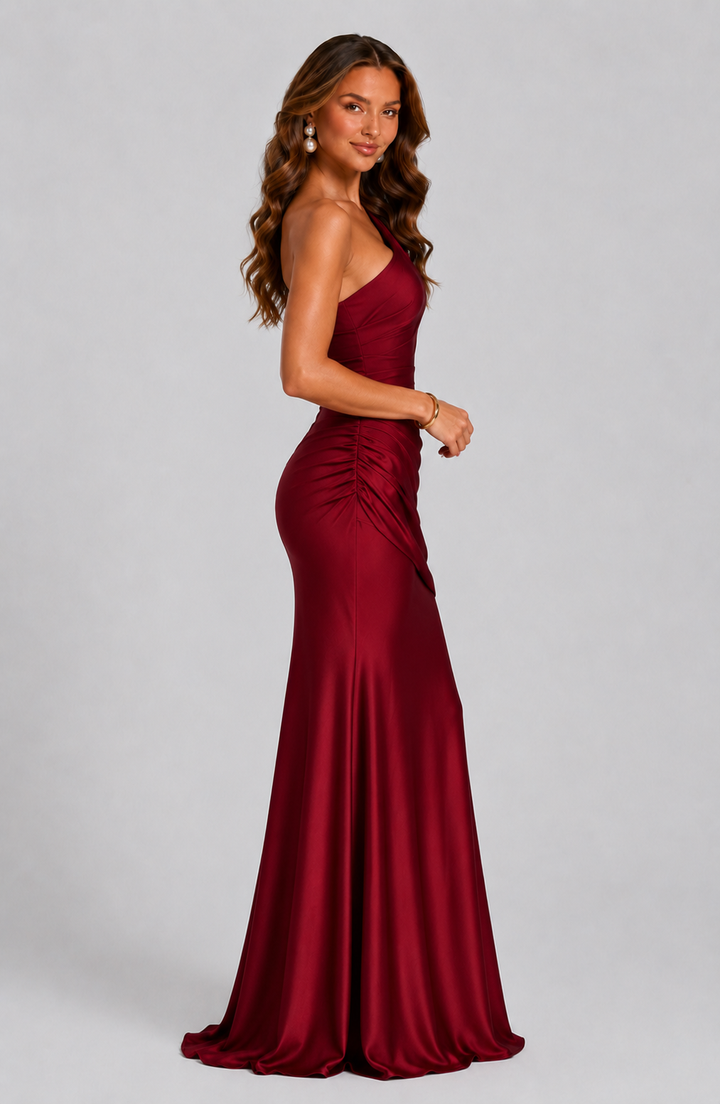 Full length view: Women's one-shoulder draped maxi dress. Effortless summer style, elegant evening wear for special occasions.