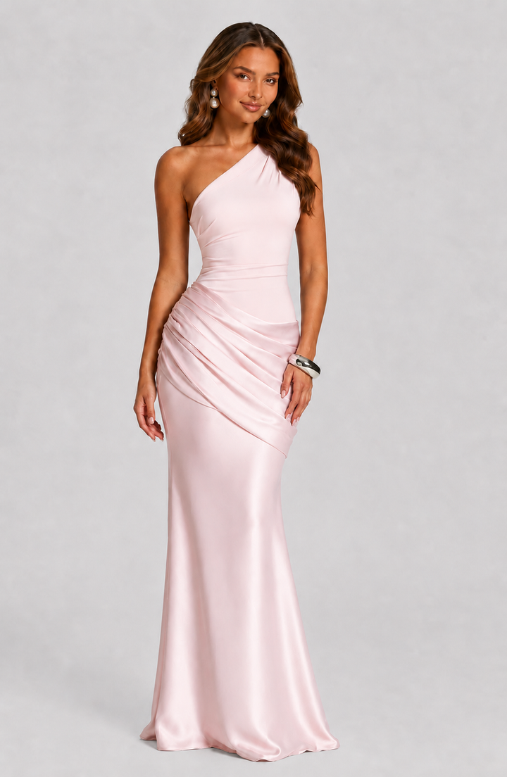 Women's one-shoulder draped maxi dress. Effortless summer fashion, perfect for elegant special occasions & evening parties.