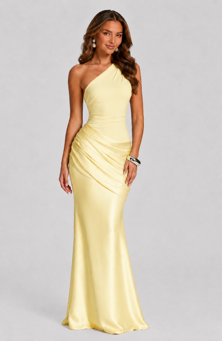 Stunning one-shoulder draped maxi dress for women's summer vacation. Elegant resort wear & evening style for special events.