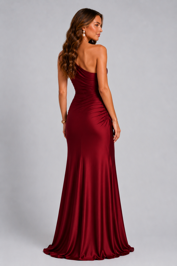 Feminine one-shoulder draped maxi dress. Elegant women's fashion, perfect for summer parties, special events & evening wear.