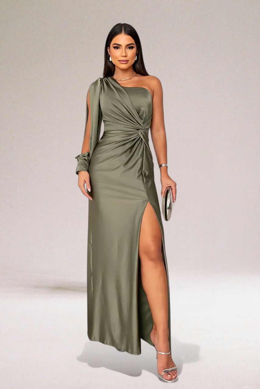 Asymmetric black one-shoulder maxi dress for women. Perfect elegant formal wear & evening gown.