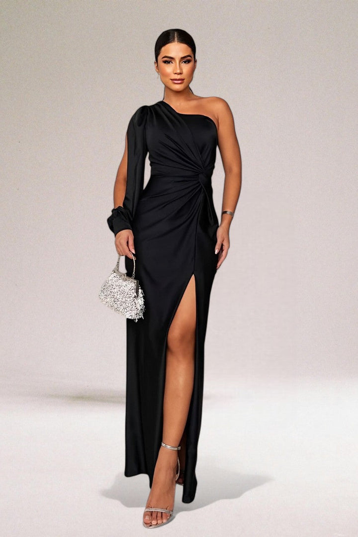 Sophisticated olive green one-shoulder maxi dress. Women's elegant formal party & special occasion wear.