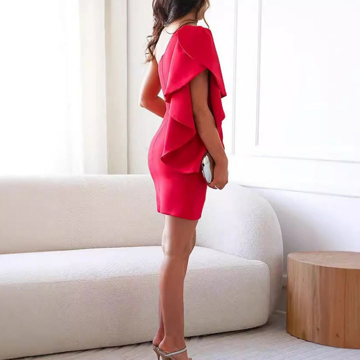 Flattering women's cocktail mini dress with a chic one-shoulder design and elegant ruffles.
