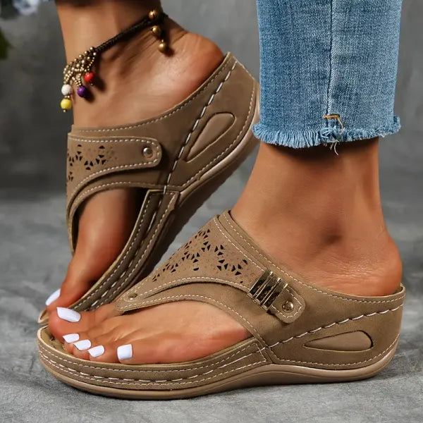 Comfortable women's open toe slip-on sandals, ideal elegant summer footwear for casual and everyday wear.