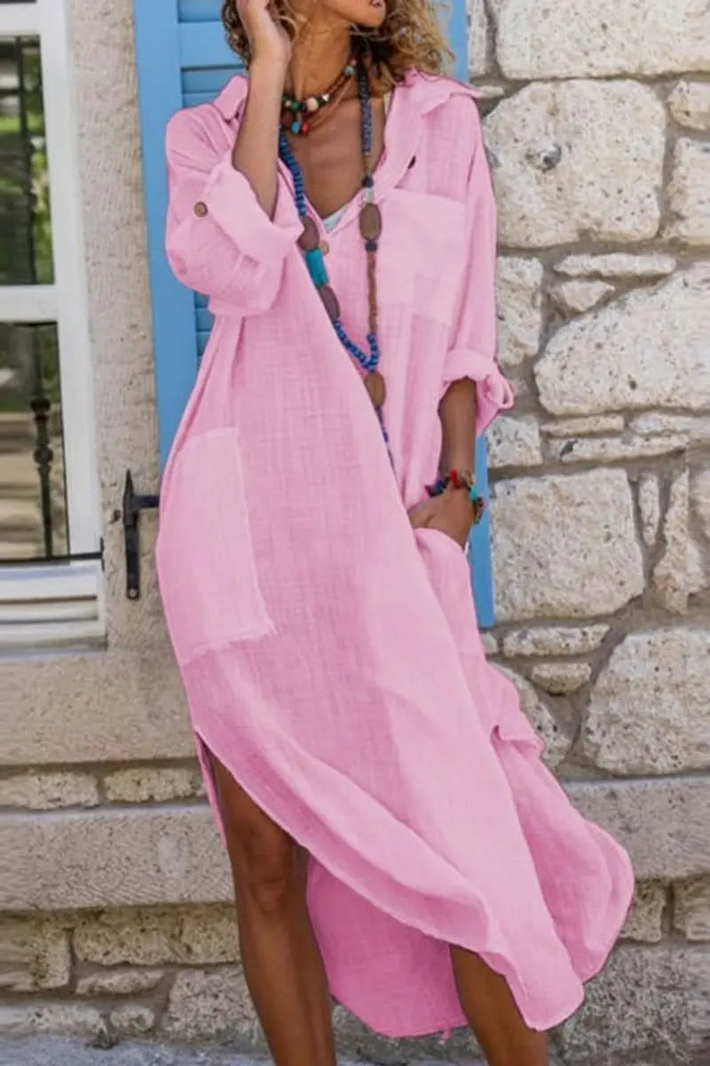 Comfortable women's oversized midi shirt dress. Ideal for casual wear, holiday style, and summer fashion.