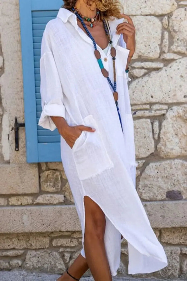 Versatile women's midi shirt dress. Oversized, elegant, and perfect for summer fashion or casual outings.