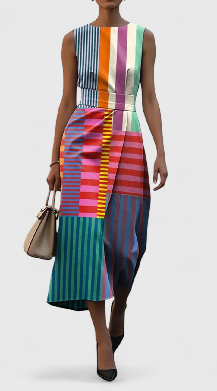 Ladies comfortable patterned midi dress with unique style. Effortless, elegant fashion for spring/summer occasions.