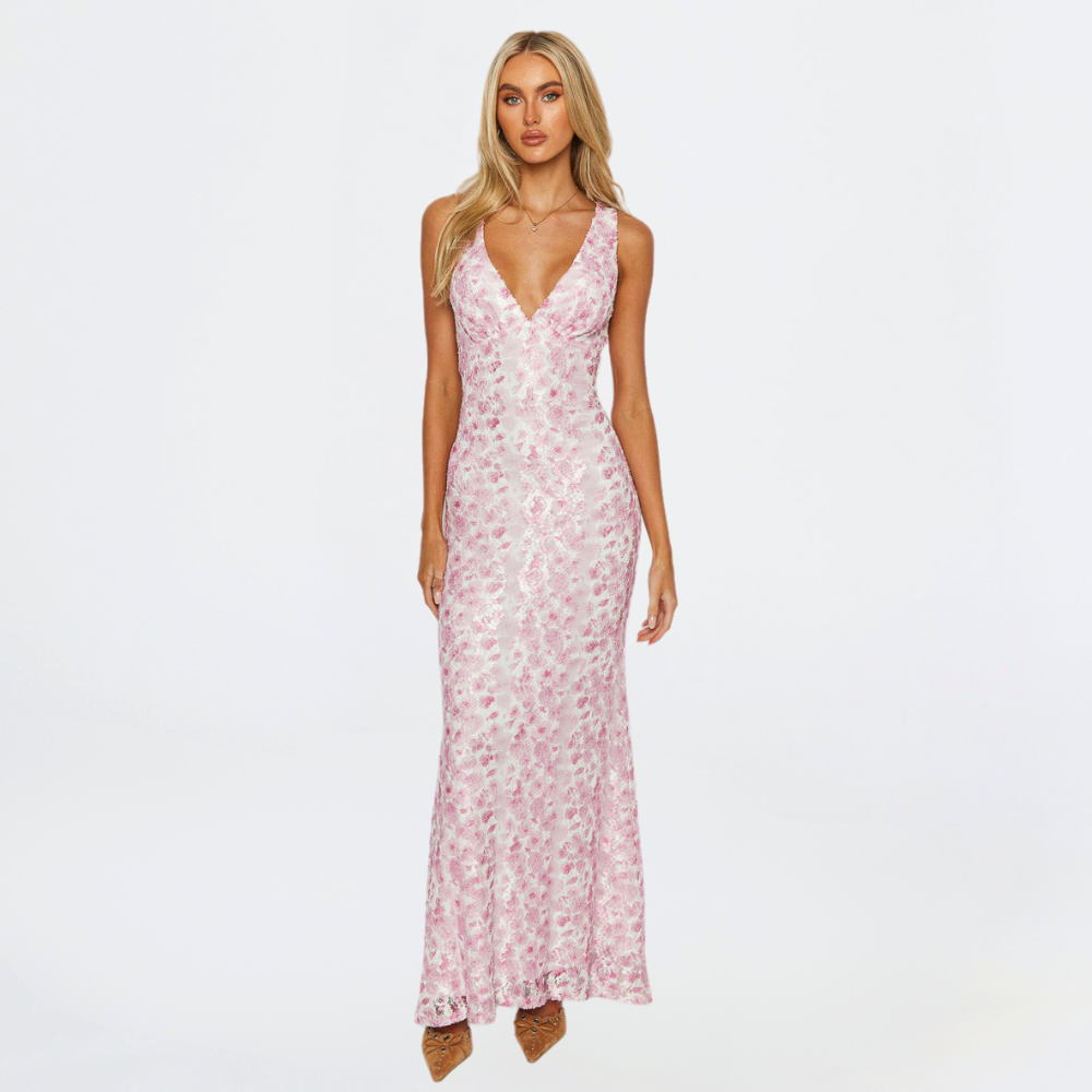 Women's elegant pink floral sleeveless wedding maxi dress for special occasions.