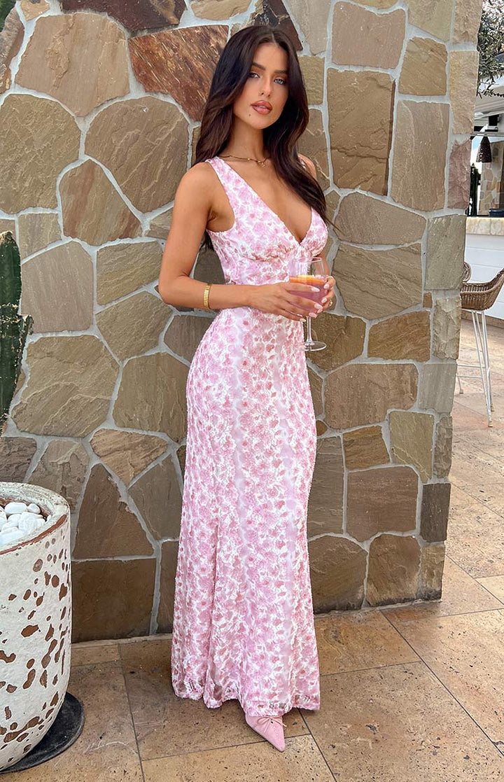Unique pink floral sleeveless maxi dress, a perfect V-neck elegant outfit for celebrations.