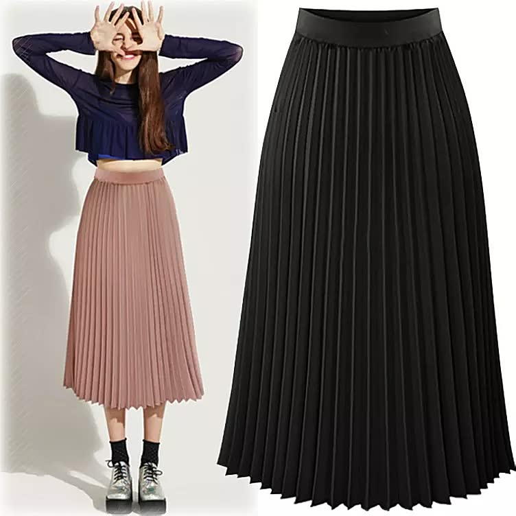 Classic black pleated midi skirt for women, featuring a flattering high waist and A-line shape.