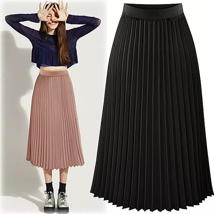 Classic black pleated midi skirt for women, featuring a flattering high waist and A-line shape.
