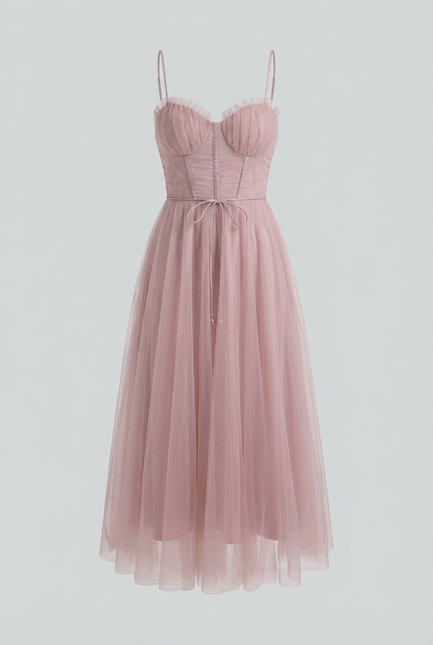 Elegant party dress in vibrant pink, sleeveless midi style for any occasion.
