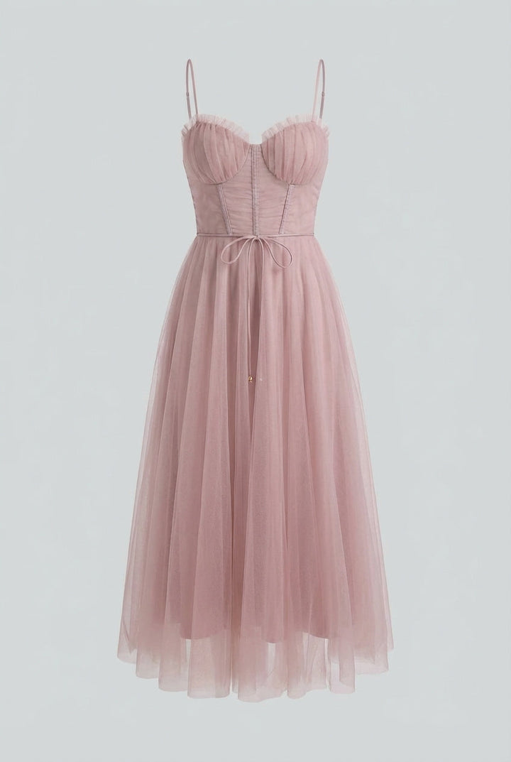 Elegant party dress in vibrant pink, sleeveless midi style for any occasion.