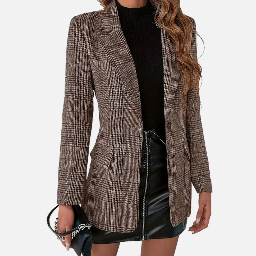 Women's elegant plaid lapel blazer, perfect for professional workwear or stylish office attire.
