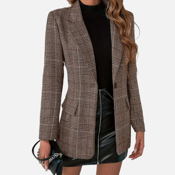 Women's elegant plaid lapel blazer, perfect for professional workwear or stylish office attire.