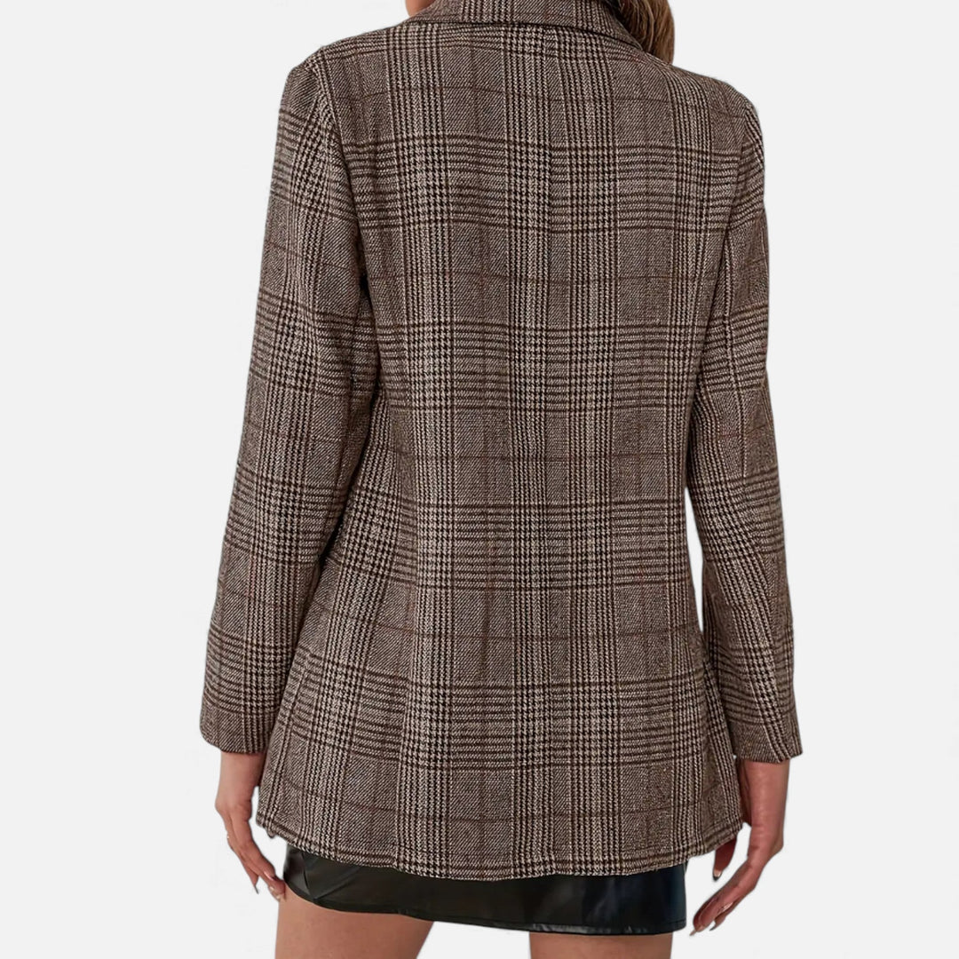 Fashionable women's long sleeve plaid blazer with a chic lapel, ideal for business casual or smart everyday wear.