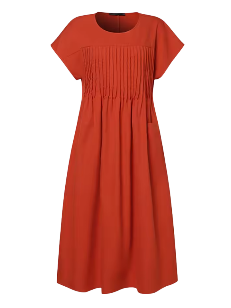 Women's elegant pleated bodice midi dress with short sleeves, relaxed fit, and side pockets for versatile everyday style.