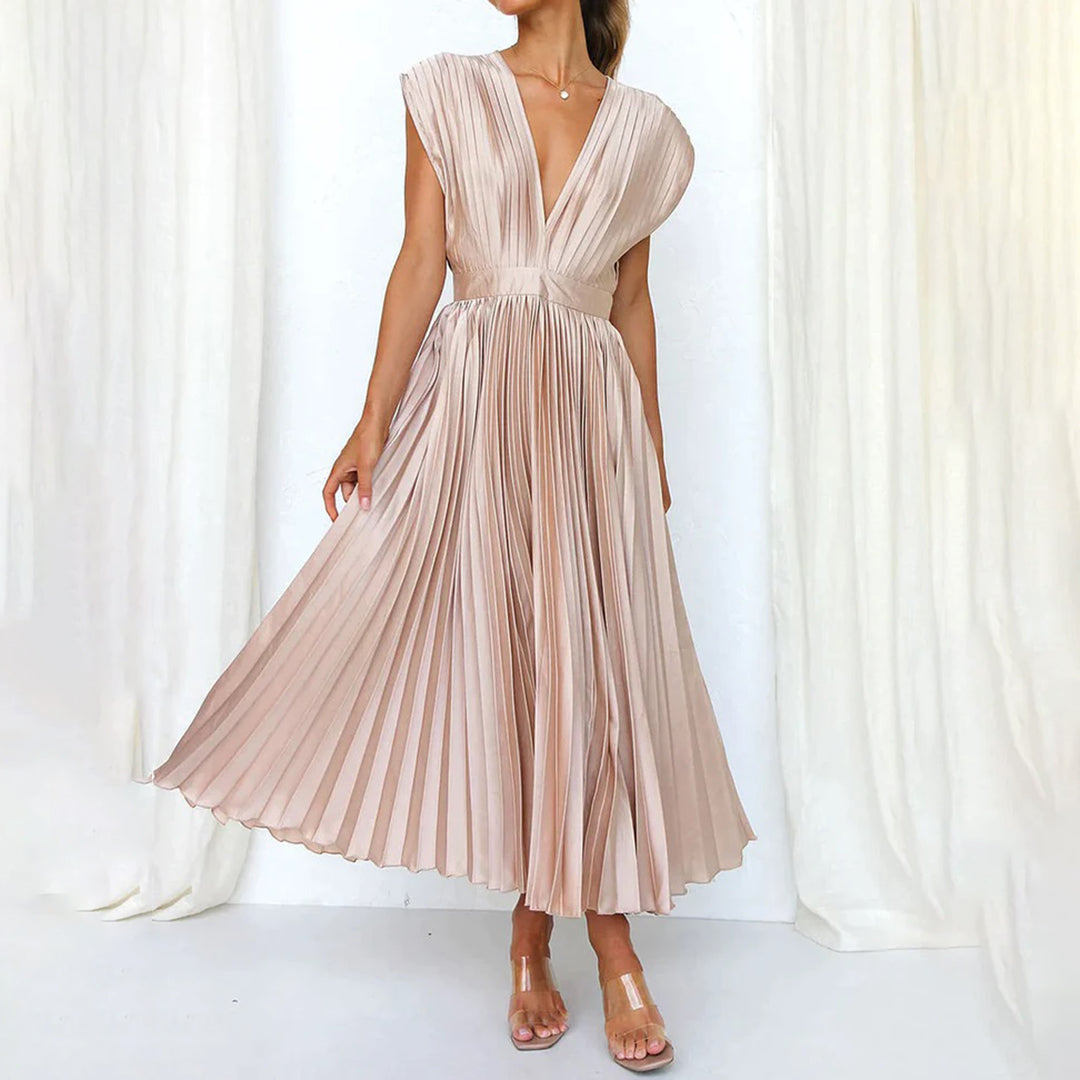 Women's elegant pleated V-neck maxi dress with short sleeves, perfect for formal events & weddings.