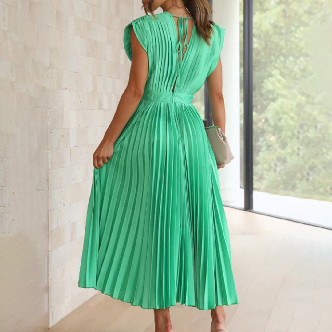 Beautiful women's formal V-neck pleated maxi dress, a perfect wedding guest outfit.