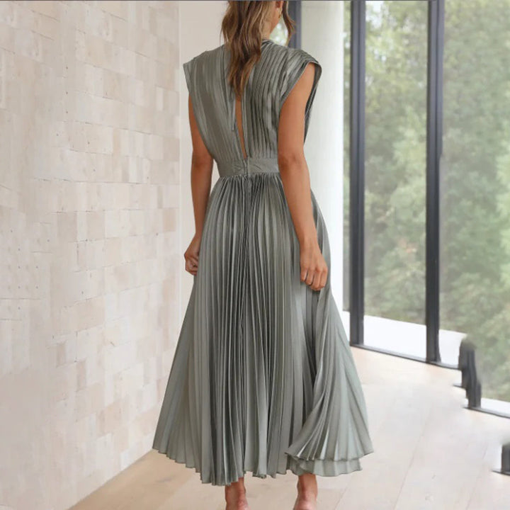 Classic women's V-neck pleated maxi dress, ideal for formal dinners & special occasions.