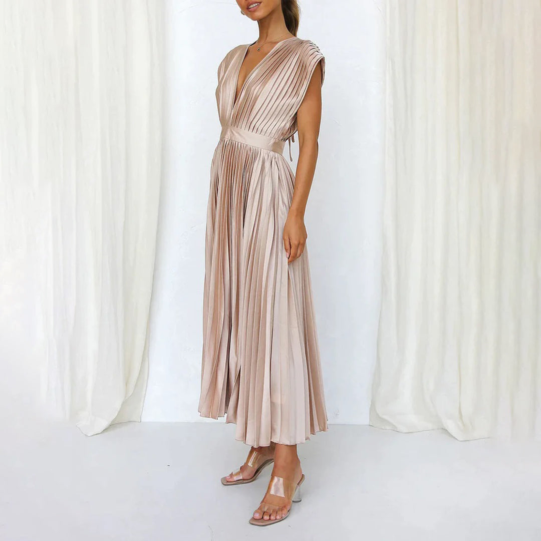 Women's formal wear pleated maxi dress, V-neck design, perfect for elegant events.