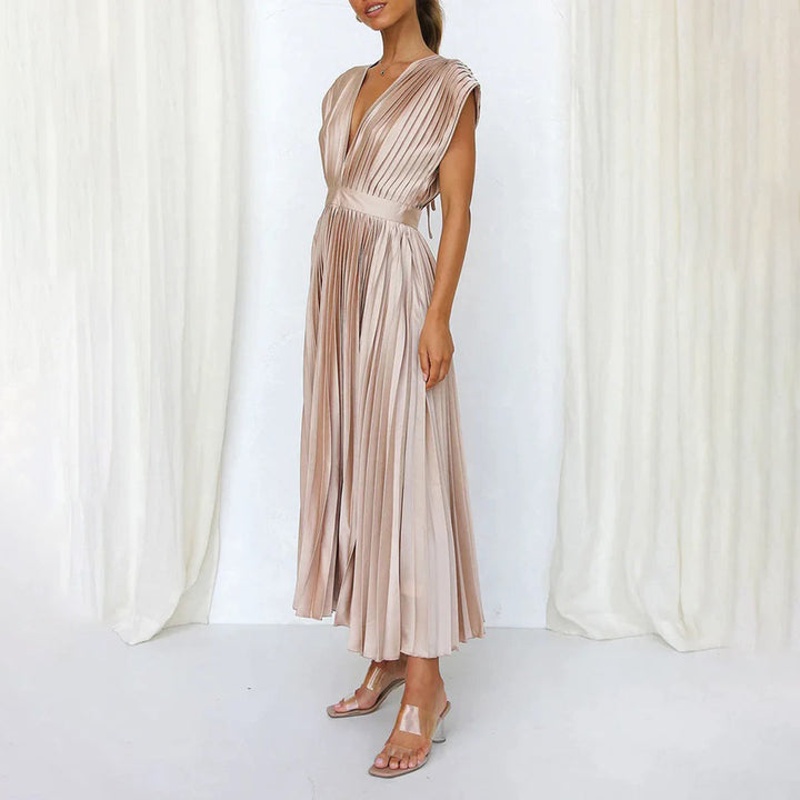 Women's formal wear pleated maxi dress, V-neck design, perfect for elegant events.