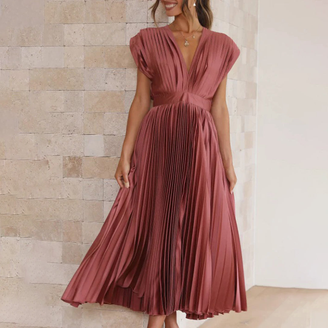 Formal women's short sleeve pleated maxi dress, V-neck design for elegant events.