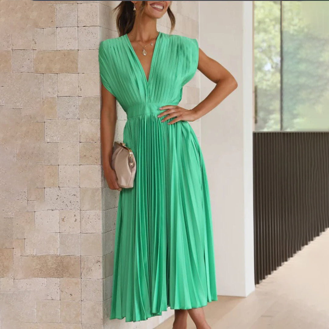 Stylish women's formal pleated V-neck maxi dress, ideal for evening parties & events.