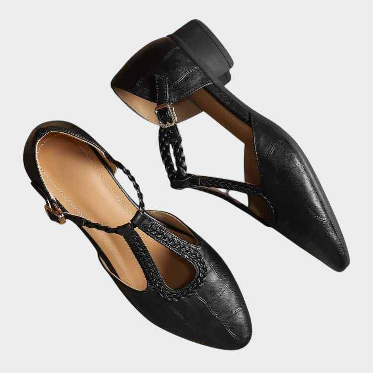 Versatile women's pointed T-bar Mary Jane shoes; ideal for work, evening wear, and fashion-forward looks.