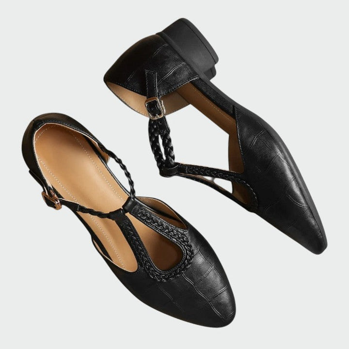Versatile women's pointed T-bar Mary Jane shoes; ideal for work, evening wear, and fashion-forward looks.