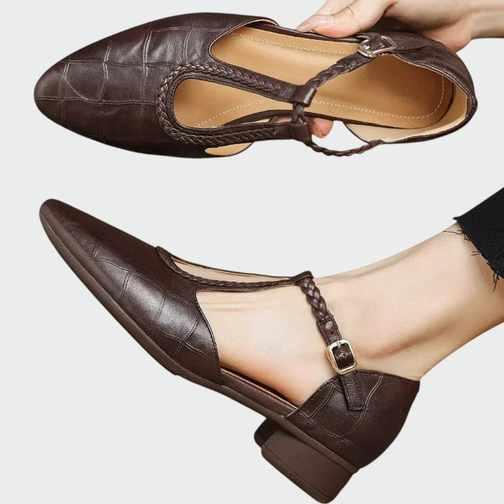 Comfortable women's pointed Mary Jane shoes with a block heel and T-bar strap for elegant, versatile wear.