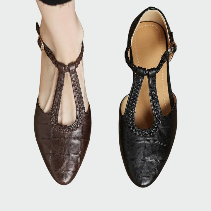 Stylish women's pointed toe T-bar Mary Jane shoes with buckle strap and block heel, offering elegant comfort.