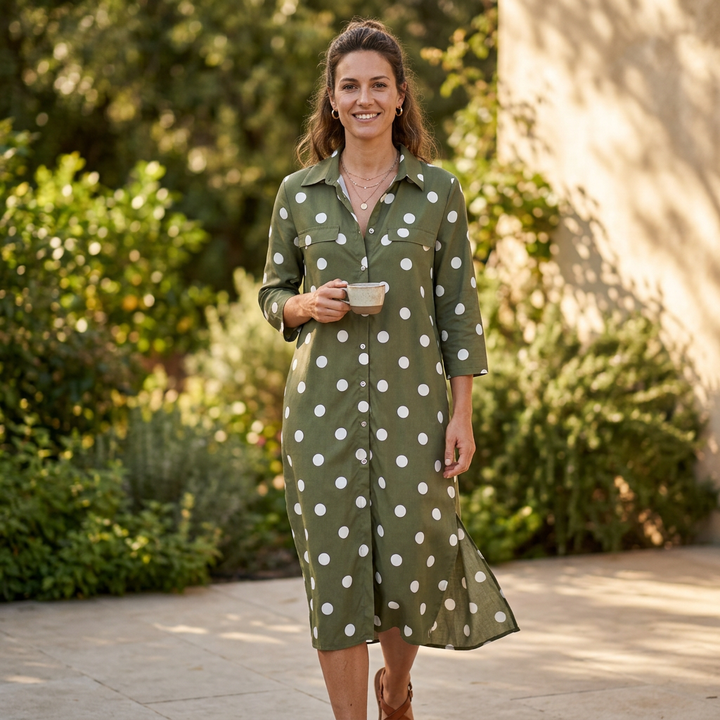 Women's elegant polka dot maxi shirt dress. Versatile long collared design perfect for spring & summer fashion.