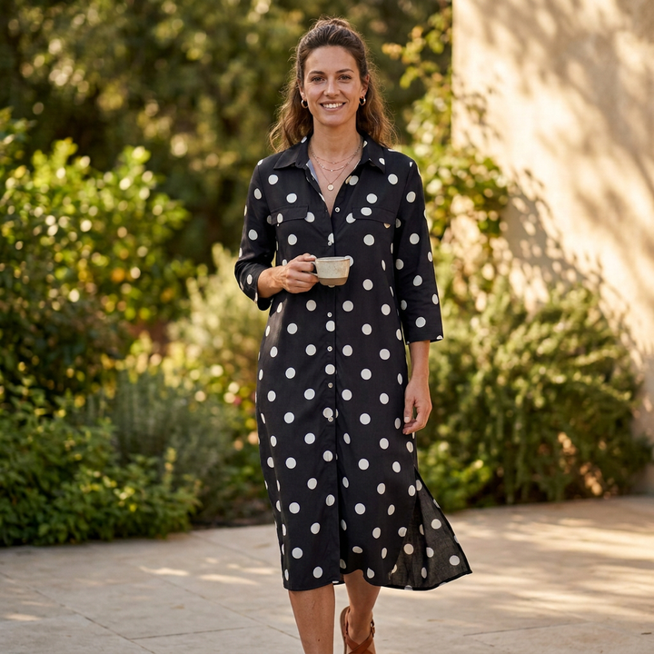 Casual yet elegant women's long polka dot maxi shirt dress, ideal for versatile spring and summer wear.