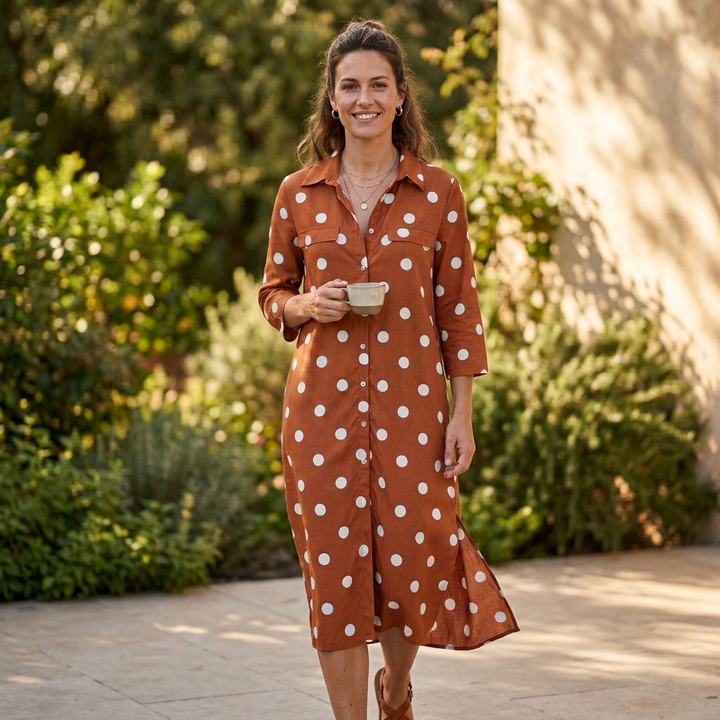 Flowy women's polka dot maxi shirt dress. A stylish collared long dress, perfect for elegant casual spring outfits.