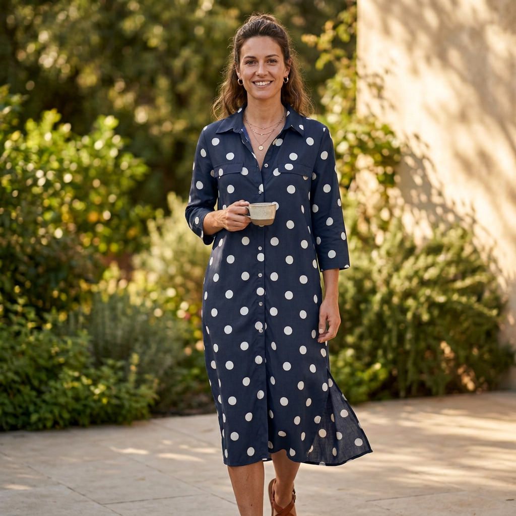 Chic women's collared polka dot maxi shirt dress. A versatile long dress for stylish spring and summer fashion.