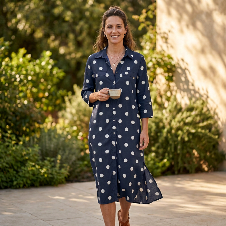 Chic women's collared polka dot maxi shirt dress. A versatile long dress for stylish spring and summer fashion.