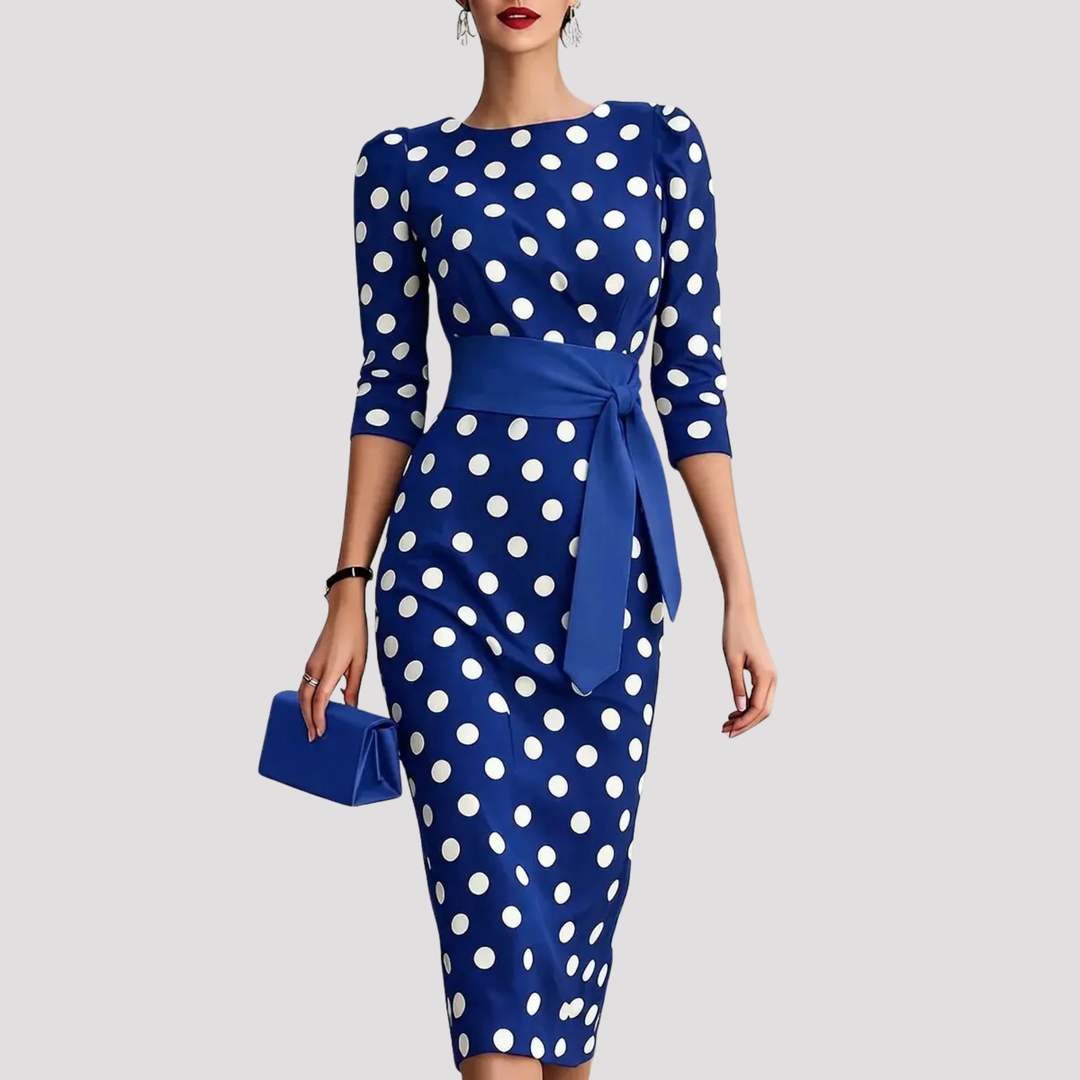 Women's elegant polka dot midi dress with self-tie belt and three-quarter sleeves, perfect for occasion wear.