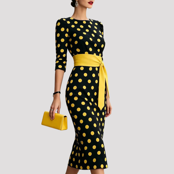 Flattering women's classic polka dot midi dress with a stylish belt, ideal for parties and elegant events.