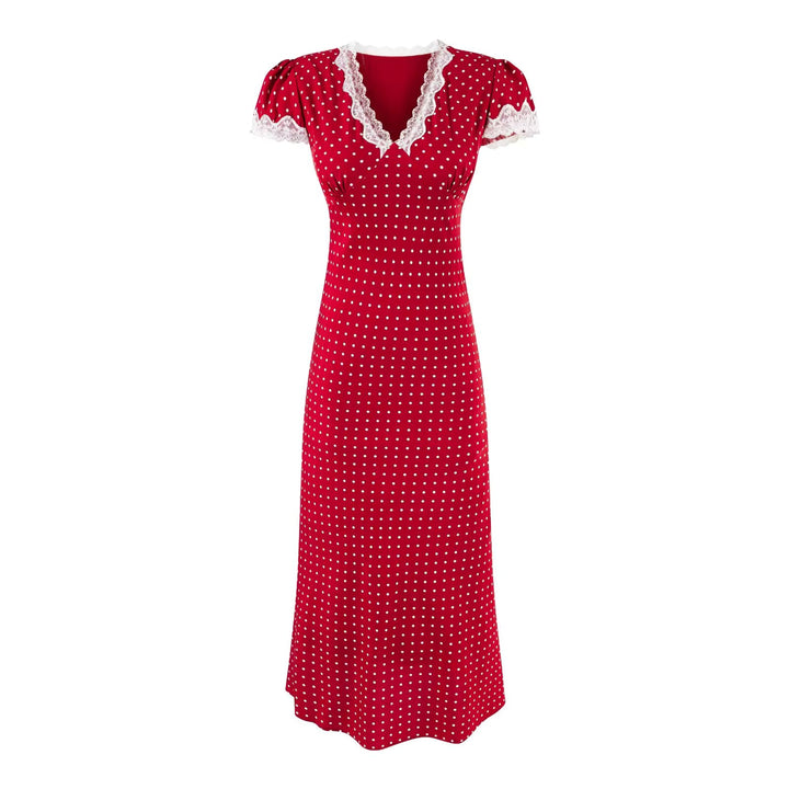 Evening wear inspiration: elegant polka dot A-line maxi dress with lace.