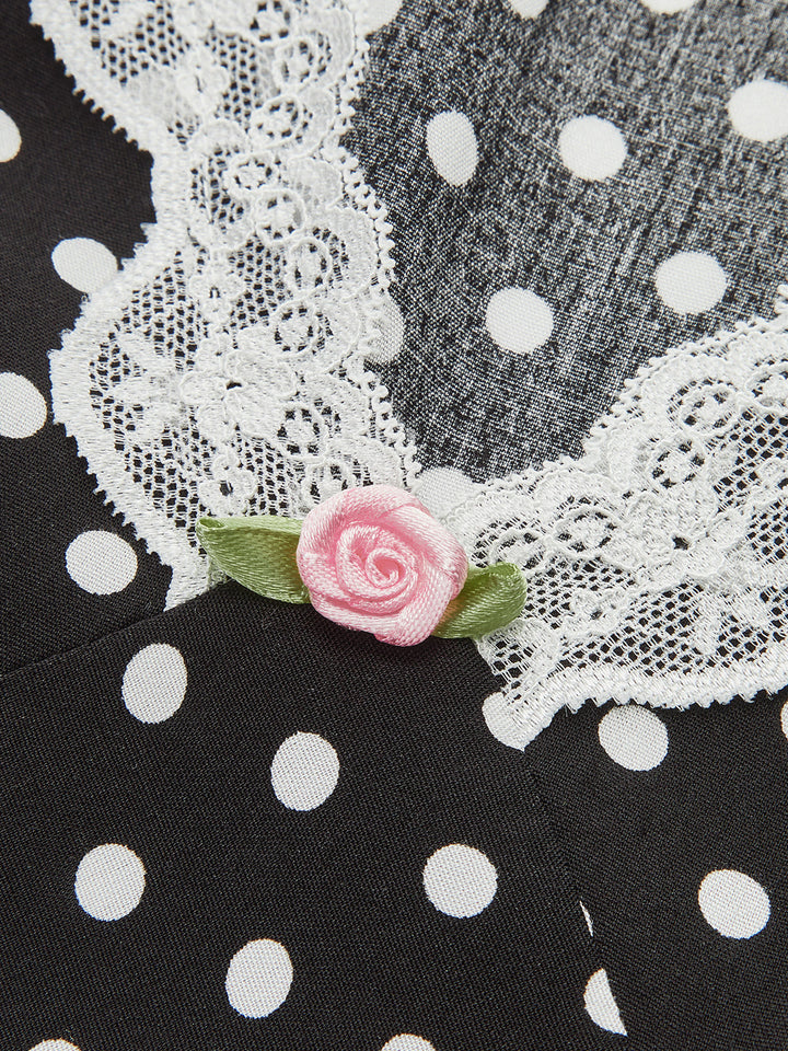 Shop women's elegant A-line polka dot maxi dress with lace trim neckline.