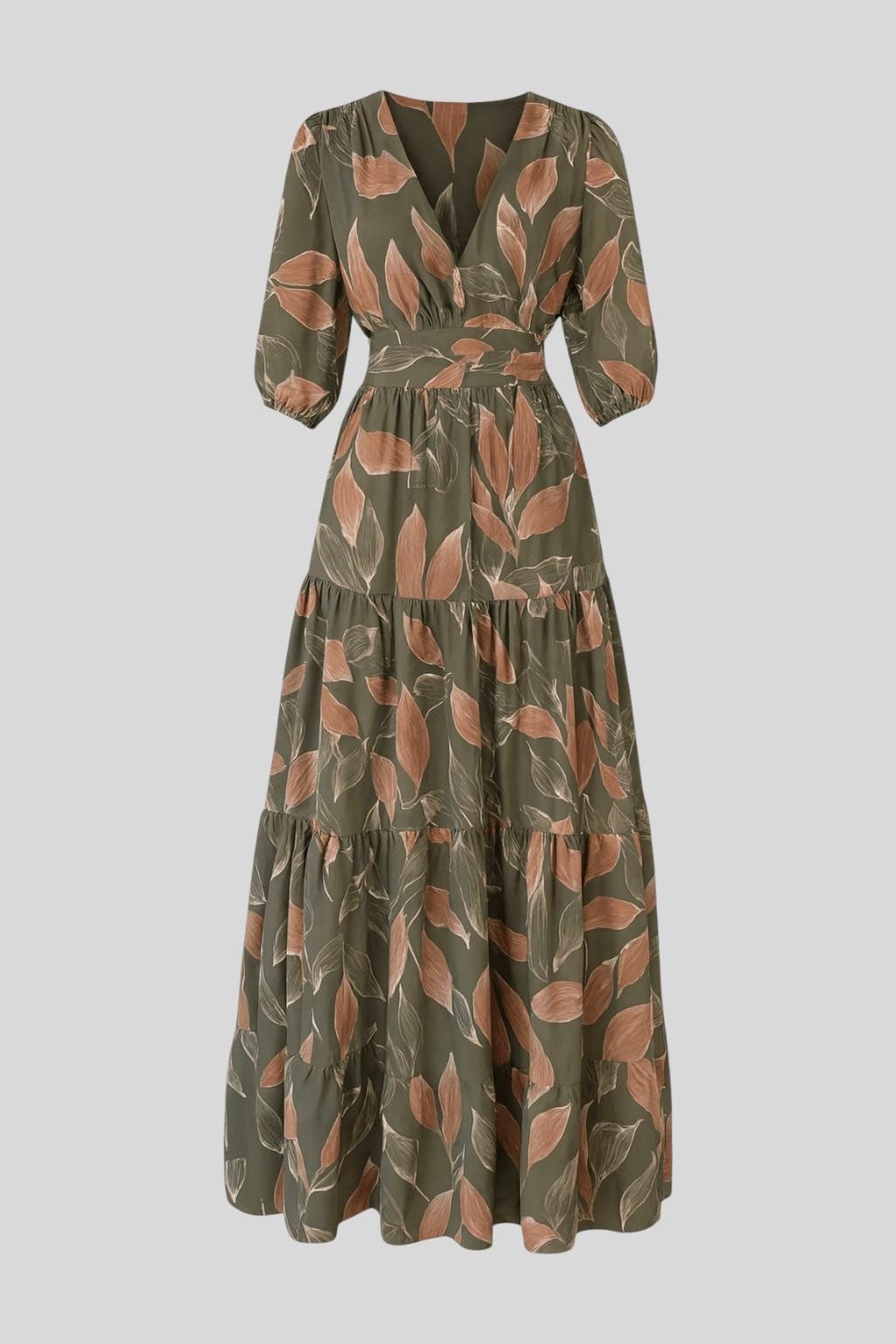 Stylish women's V-neck printed maxi dress. Elegant flowing design, ideal for casual summer or spring events.
